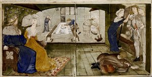 Un ensemble de seize carreaux disposés par paires pour former huit illustrations du conte 